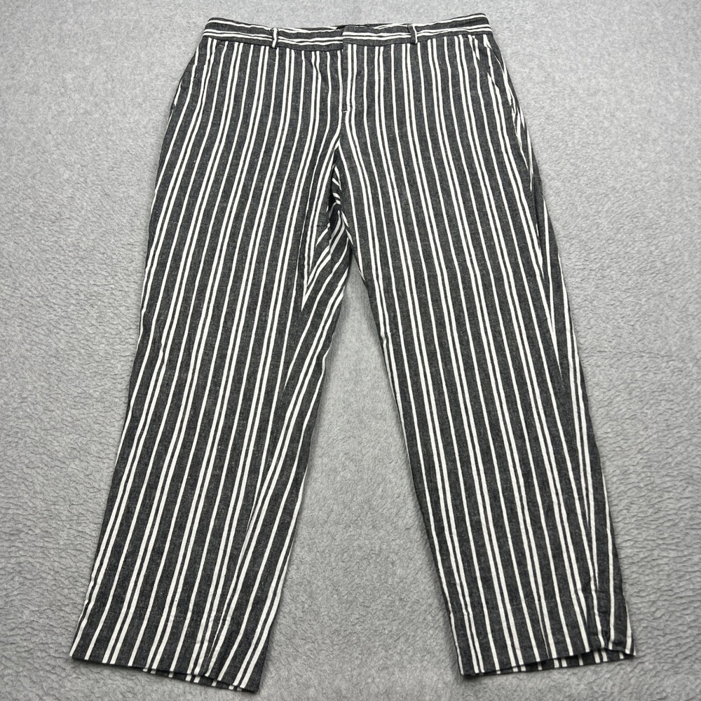 Banana Republic Avery Linen Pants Womens 10 Gray White Striped Straight Ankle